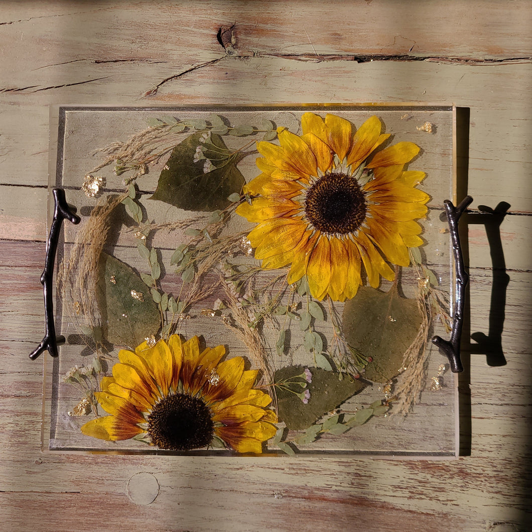 Sunflower Tray, charcuterie board,12 inches x 10 inches, metal twig handle, made with FDA food safe resin
