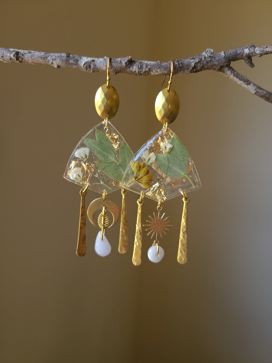 Spring translucent collection- eucalyptus, baby's breath, real pressed flowers in resin, jade bezel