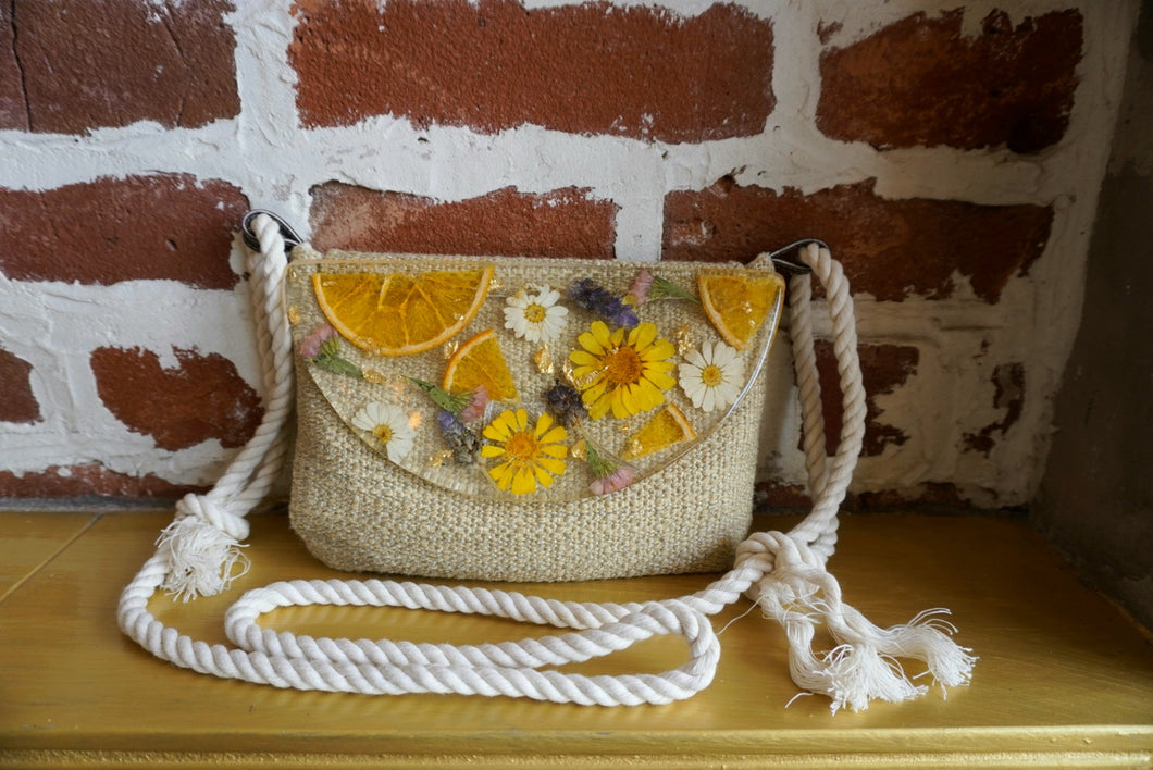 Orange Summer Breeze Botanical crossbody bag, 8.25 inches x 6.25 inches daily bag, adjustable/removable straps, magnetic closure, pressed flower in resin, lightweight daily bag
