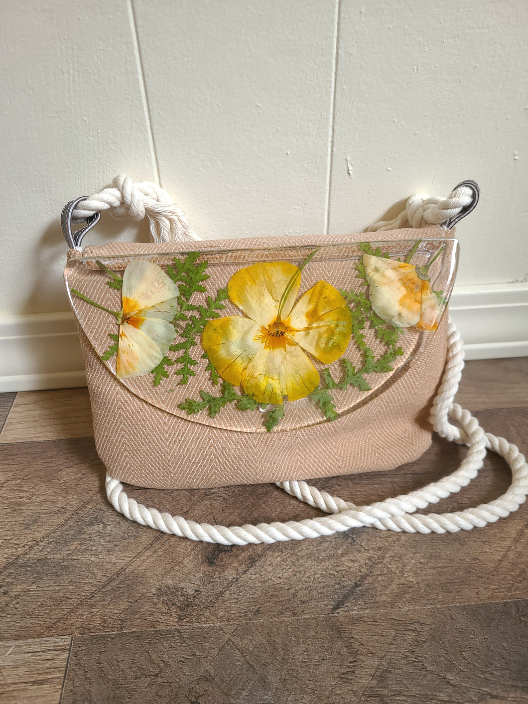 California Poppies crossbody bag, 8.25 inches x 6.25 inches daily bag, adjustable/removable straps, magnetic closure, pressed flower in resin, lightweight daily bag