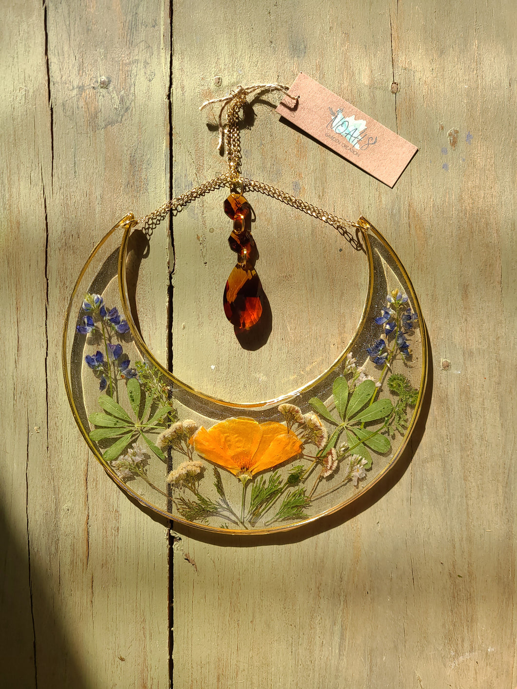 Large California Poppy /Lupine Resin wall hangings, 8 inches wide x10 inches tall, amber crystal, clear background, california wildflower