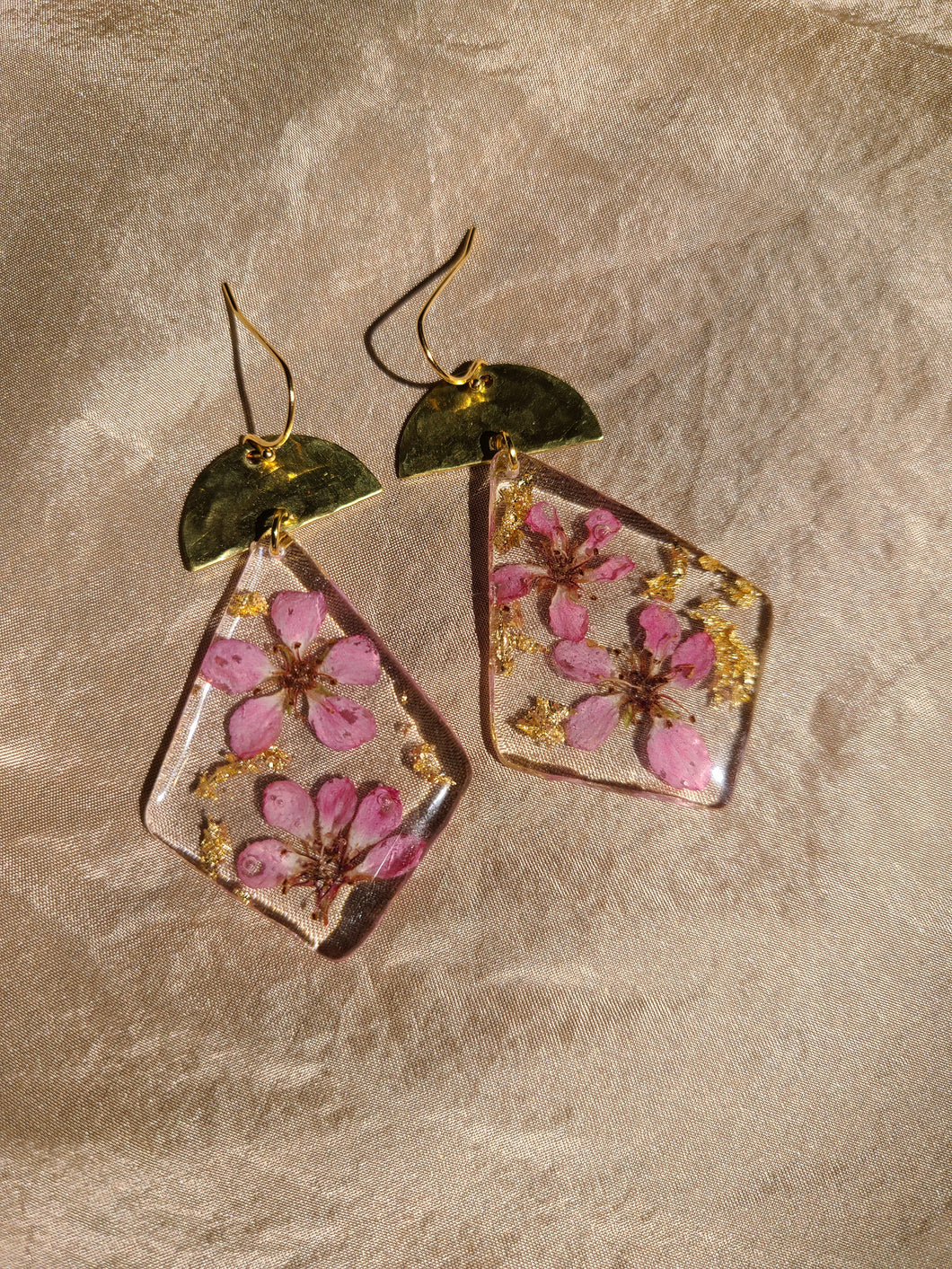 Spring pink flower Dangles, real pressed flower in resin, bohemian statement earring