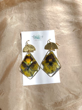 Load image into Gallery viewer, Violet Dangles, real pressed flower in resin, bohemian statement earring
