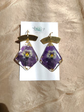 Load image into Gallery viewer, Violet Dangles, real pressed flower in resin, bohemian statement earring
