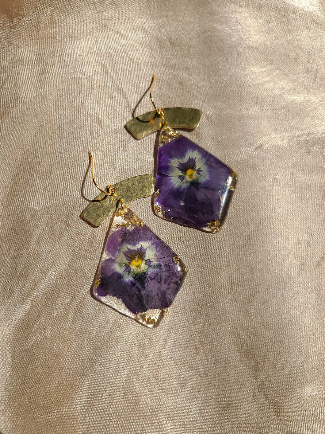 Violet Dangles, real pressed flower in resin, bohemian statement earring