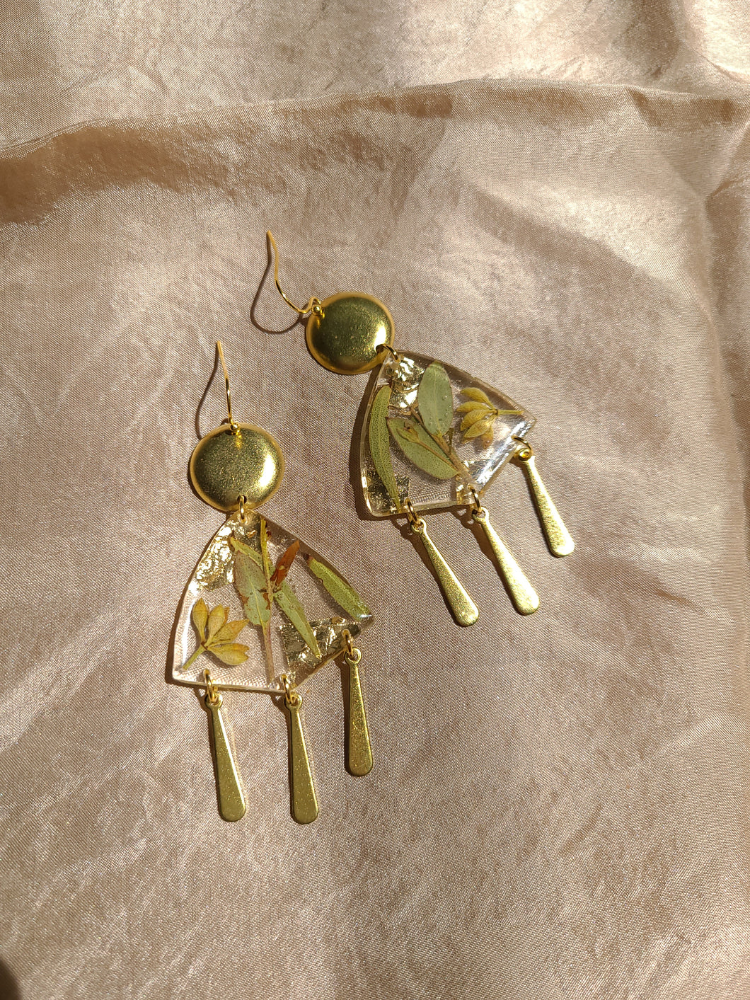 Spring collection-eycalyptus, real pressed flower in resin, hammered brass,