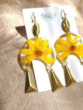 Load image into Gallery viewer, Marigold earrings, real pressed flowers in resin, hammered brass tassel
