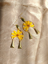 Load image into Gallery viewer, Marigold earrings, real pressed flowers in resin, hammered brass tassel
