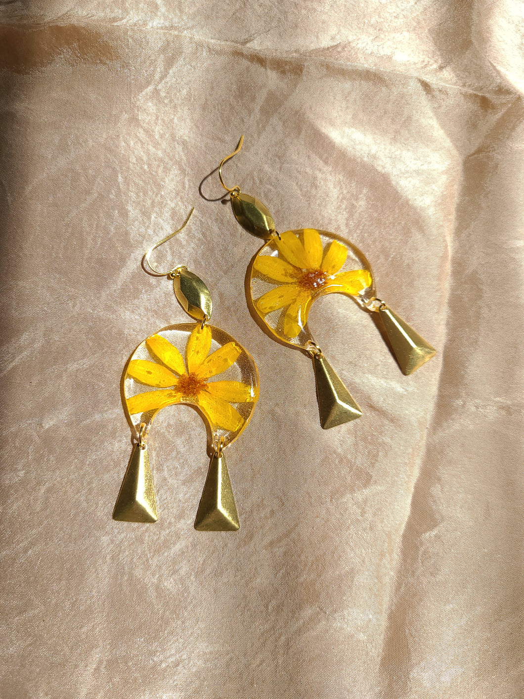 Marigold earrings, real pressed flowers in resin, hammered brass tassel