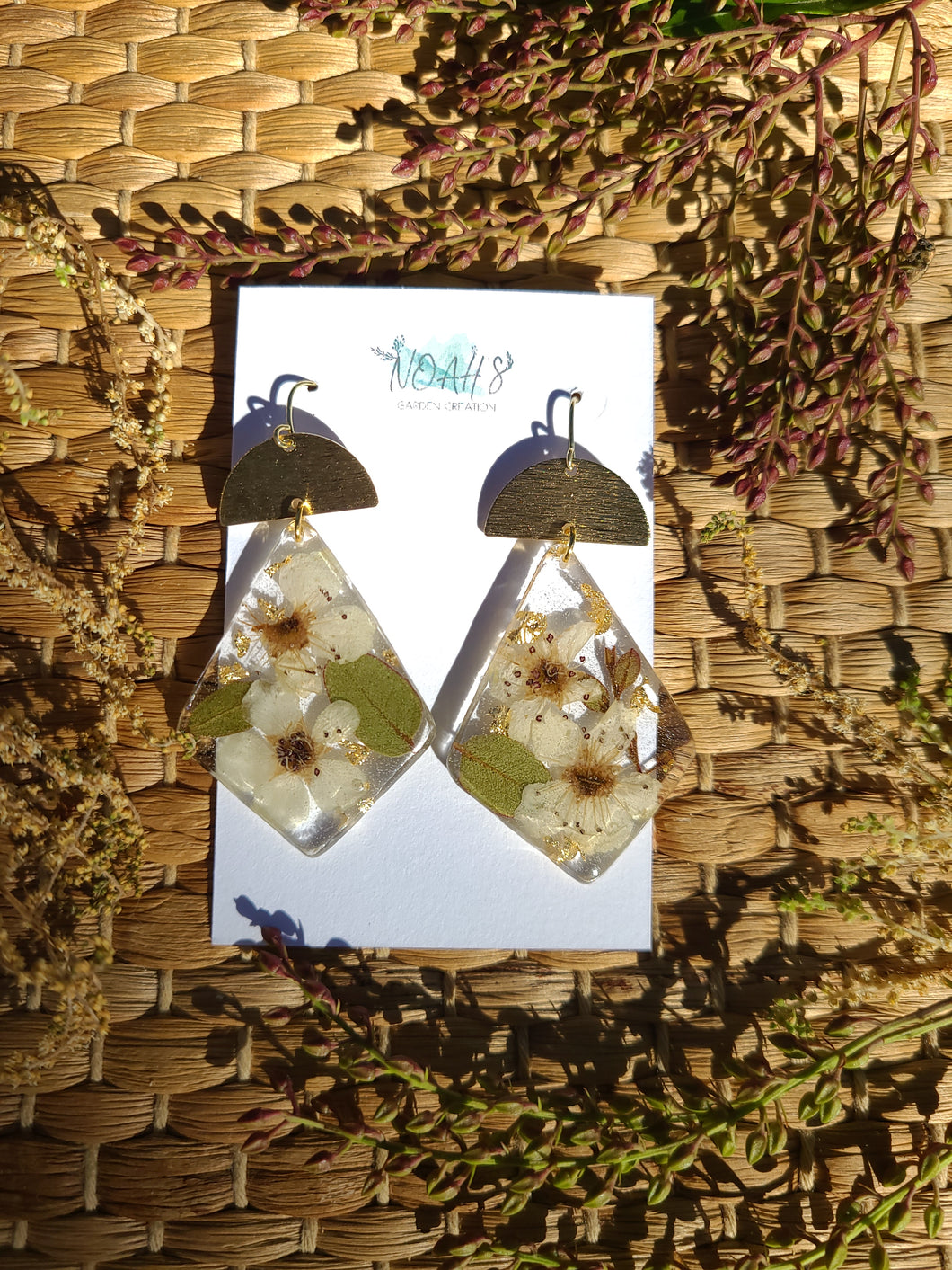 Fall Collection - White Blossom Garden statement dangles, Diamond shape, Hammered brass