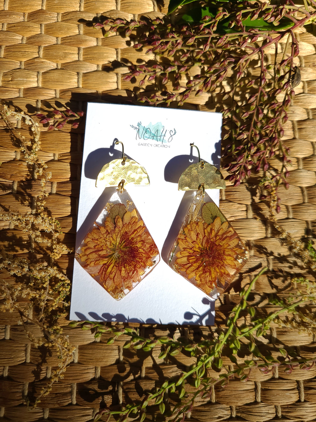 Fall Collection - Chrysanthemum Garden statement dangles, Diamond shape, Hammered brass, Orange