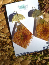 Load image into Gallery viewer, Fall Collection - Chrysanthemum Garden statement dangles, Diamond shape, Hammered brass, Orange
