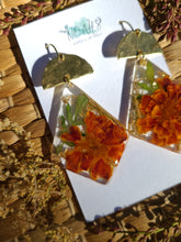 Load image into Gallery viewer, Fall Collection - French Marigold Garden statement dangles, Diamond shape, Hammered brass top, Red
