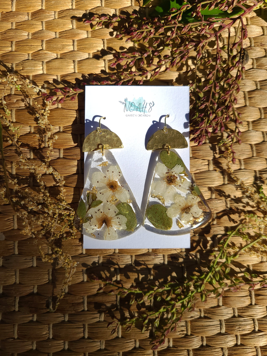 Fall Collection - White Blossom Garden statement dangles, Hammered brass tops