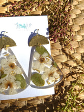 Load image into Gallery viewer, Fall Collection - White Blossom Garden statement dangles, Hammered brass tops
