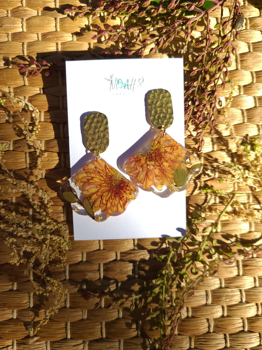 Fall Collection -Chrysanthemum dangle, Scalloped Fan, Hammered brass stud stop with stainless steel post