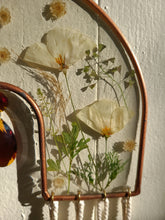 Load image into Gallery viewer, California Poppy Bronze Arch, handmade Macramé Tassels, Amber Chandelier
