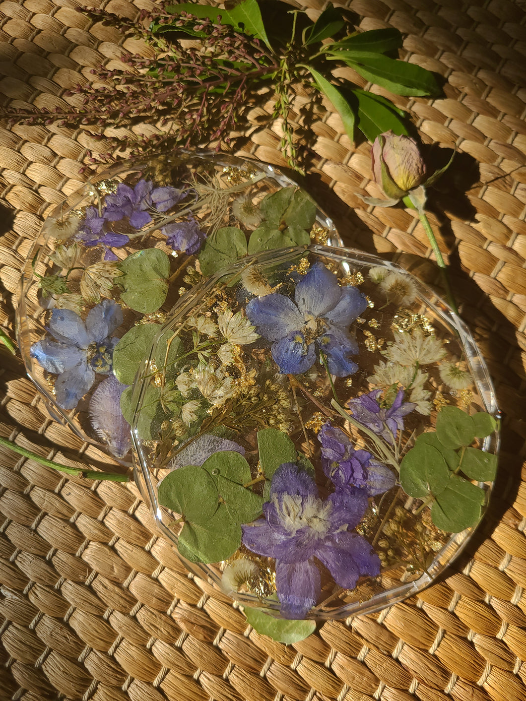 Fall Collection - Circle coasters, Blue larkspur, Gold Specs, set of 2 , real pressed flower in resin, FDA food safe resin