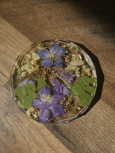 Load image into Gallery viewer, Fall Collection - Circle coasters, Blue larkspur, Gold Specs, set of 2 , real pressed flower in resin, FDA food safe resin
