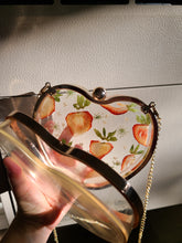 Load image into Gallery viewer, Strawberry Shortcake Heart-Shaped Clutch , resin clutch, removable golden crossbody chain, 6.25 inches x 5.5 inches
