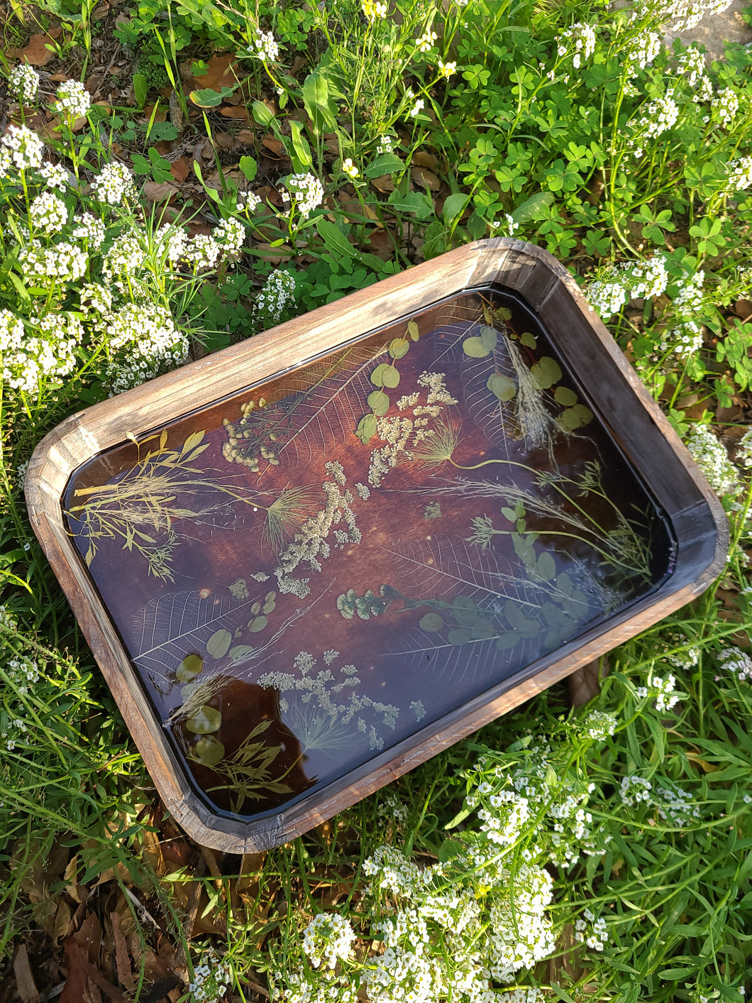 Large Rounded edge rectangular tray, floral vanity tray, vintahe styled wood tray, made with FDA food safe resin