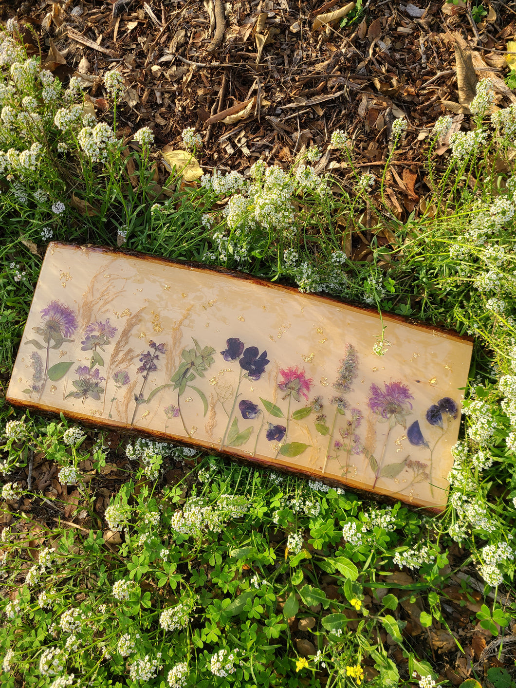 Large herbal flower charcuterie board, 23 x 9.5 inches, solid wood tray, made with FDA food safe resin