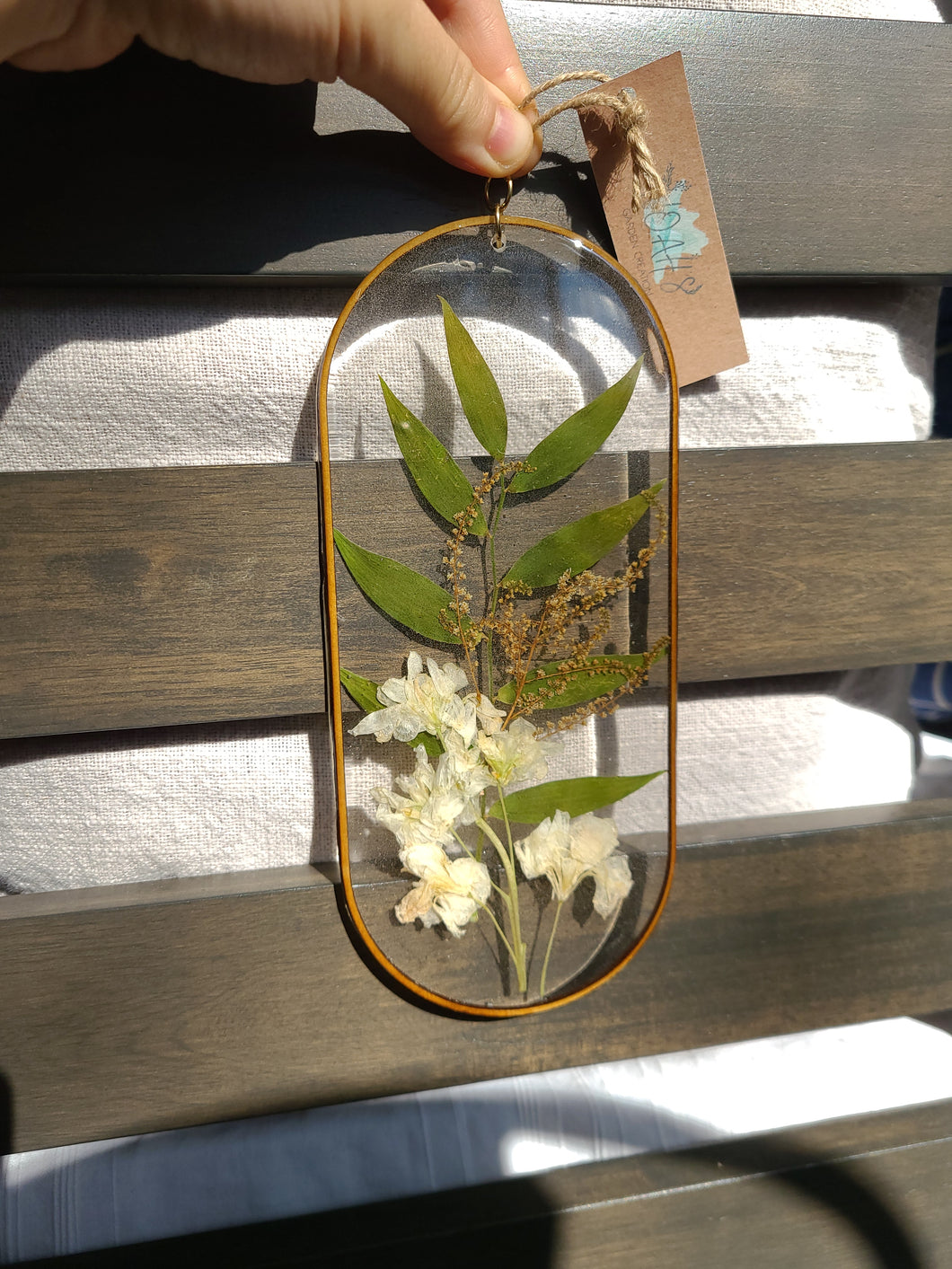 Wall Decor- Unique wooden frame, Capsule shaped, real pressed flowers