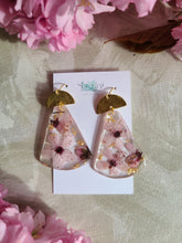 Load image into Gallery viewer, Spring Collection- Blossom dangles, statement earring, hammered brass top, freshwater pearl
