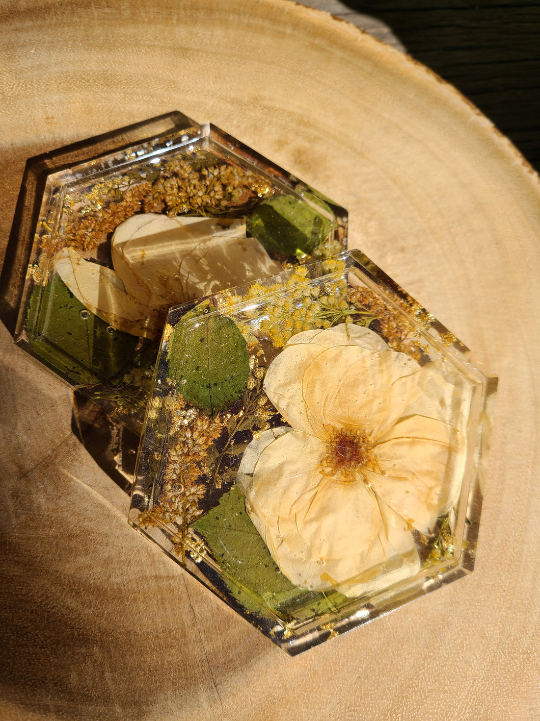 Hexagon coasters, Neutral flowers, set of 2 , real pressed flower in resin, FDA food safe resin