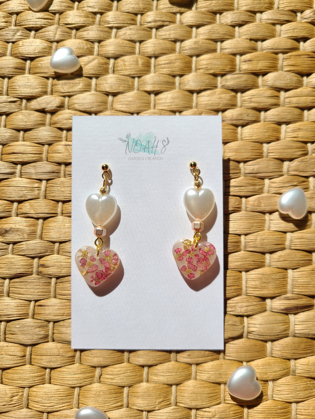 Valentines Day Collection-little pink heart earrings, pink yarrow, heart beads, faux pearl