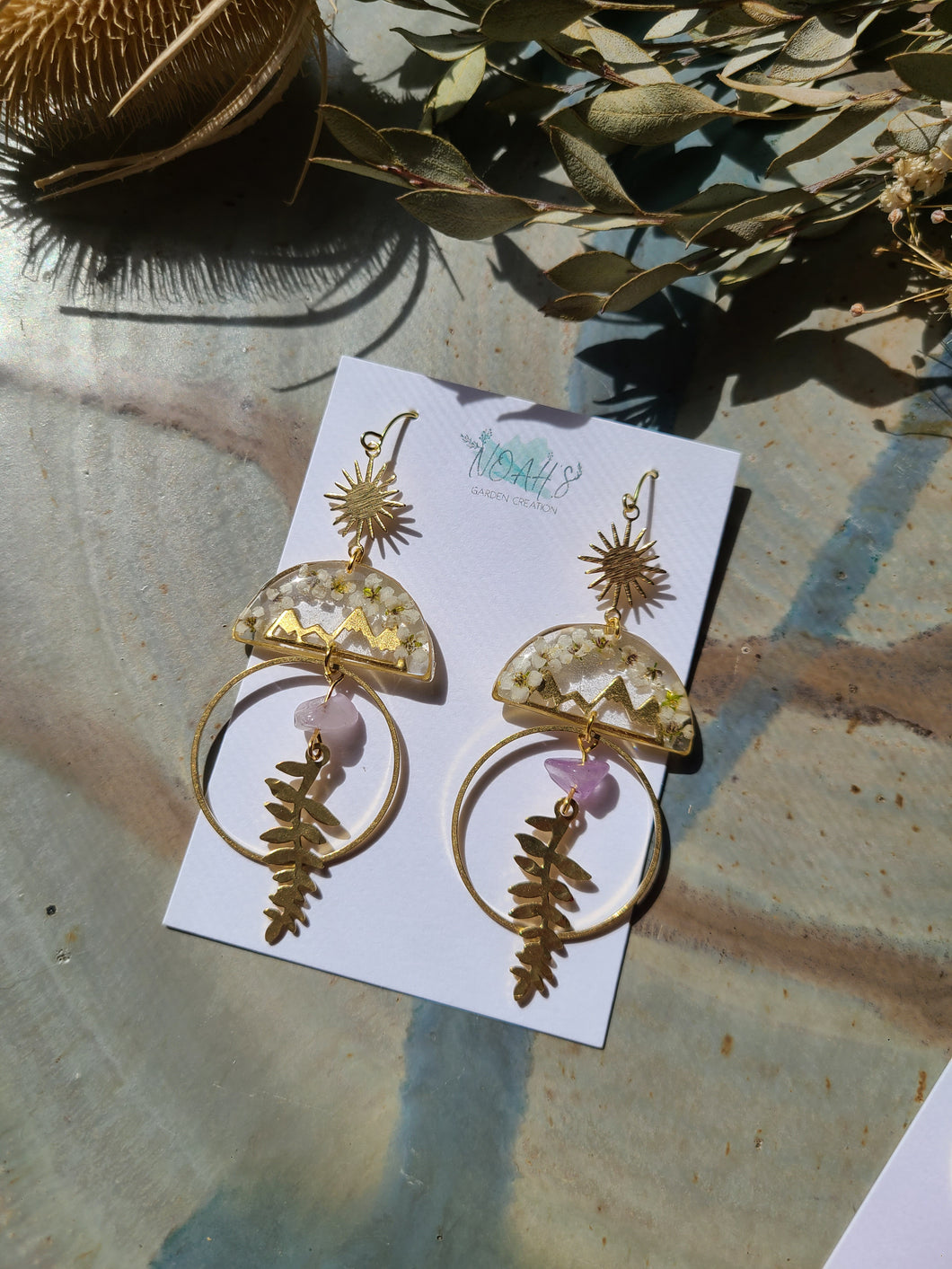 Mountain collection-Sun &Ferns, small white Alyssum flowers, real pressed flower in resin, hammered brass